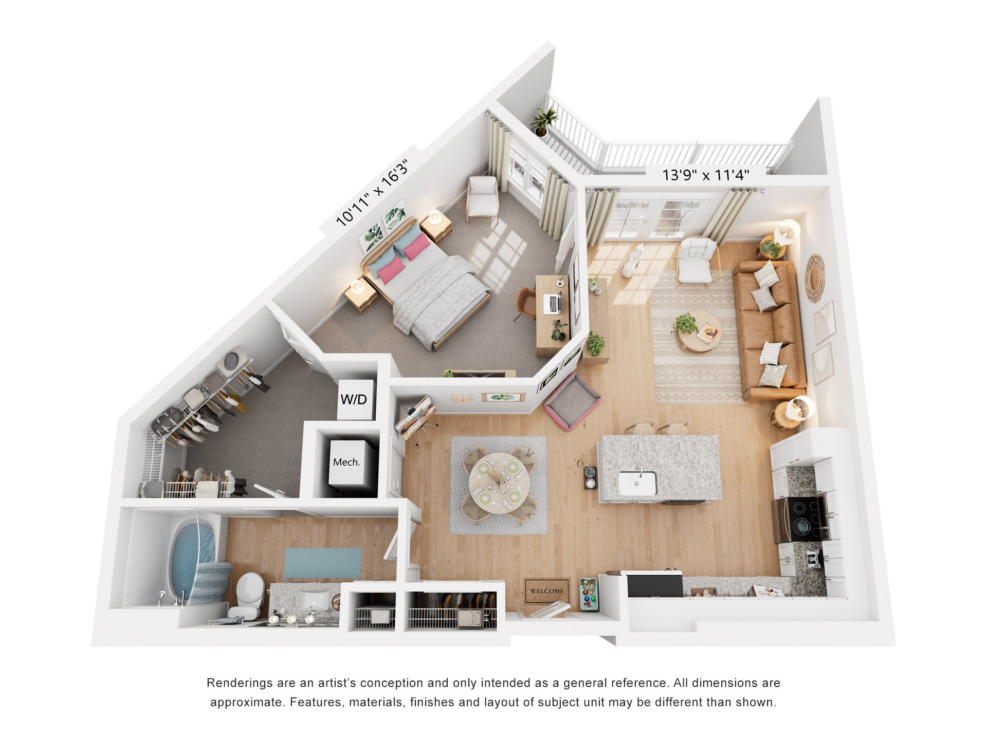 Floor plan for 1 bed, 1 bath, 831 sqft